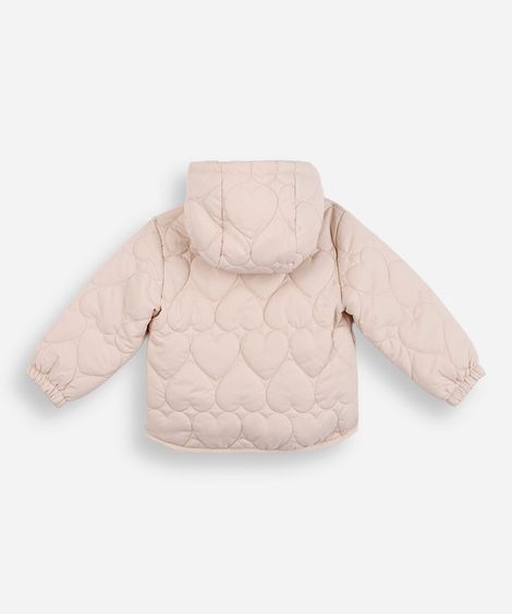 jaqueta puffer infantil coração com capuz bege
