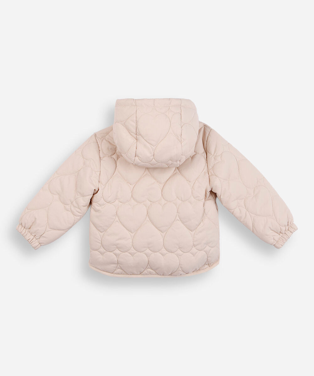 jaqueta puffer infantil coração com capuz bege