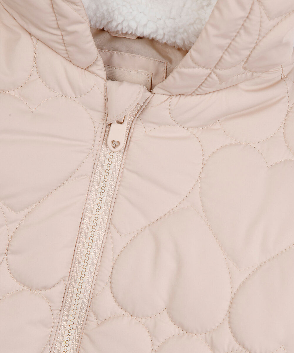 jaqueta puffer infantil coração com capuz bege