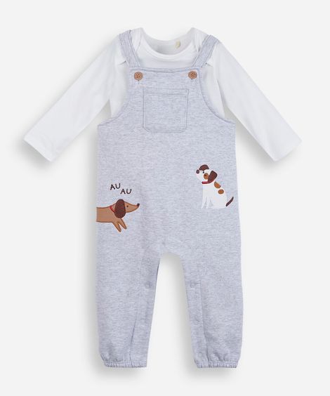 jardineira infantil com bordado e camiseta cinza