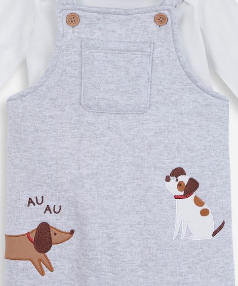 jardineira infantil com bordado e camiseta cinza