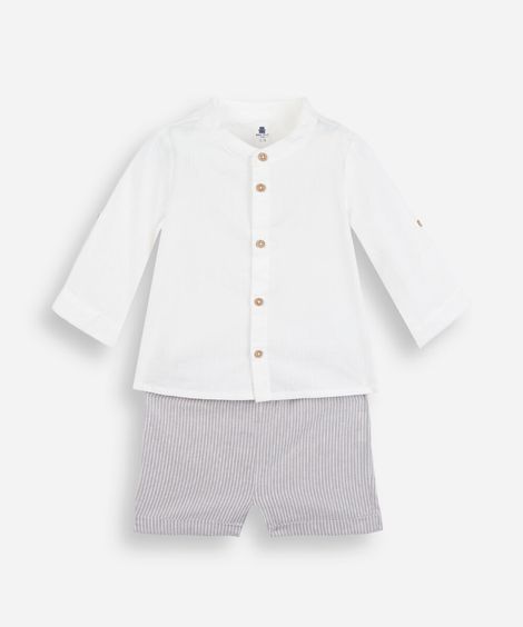 conjunto curto infantil de algodão listrado off white