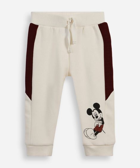 calça jogger infantil de moletom cós com cordão mickey bege