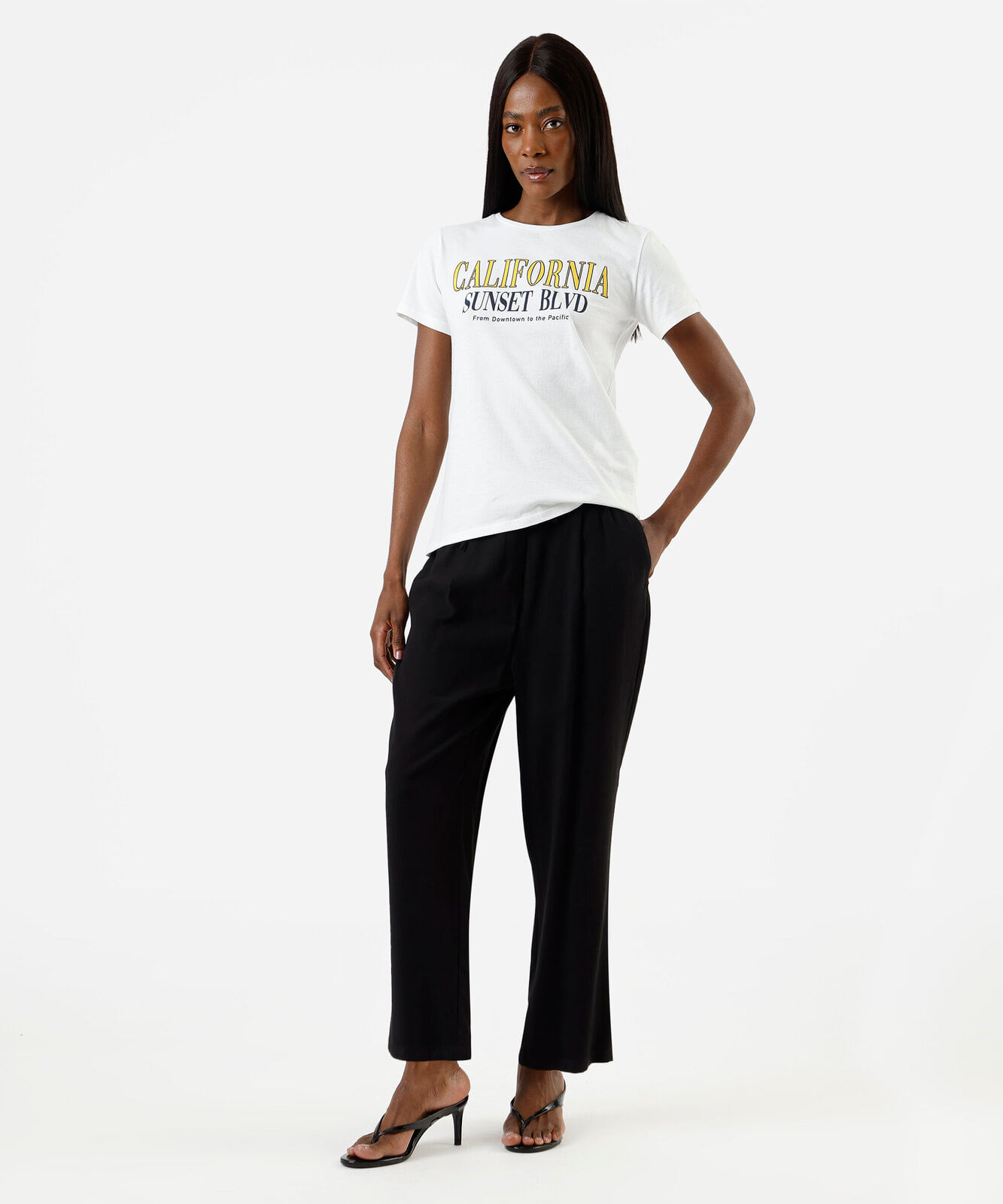 calça básica reta feminina com viscose cós elástico preta