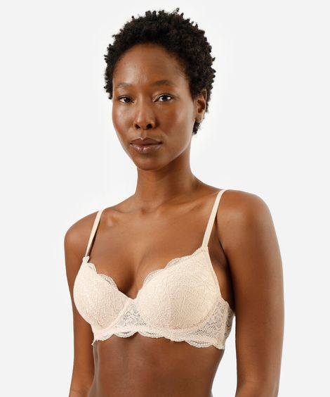 sutiã meia taça feminino de renda floral bege