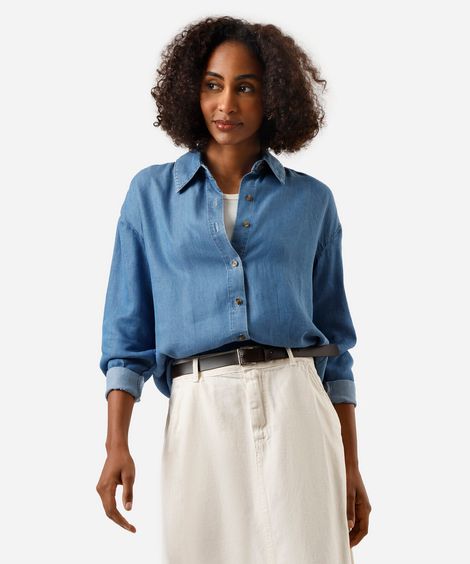 camisa de liocel manga longa barra assimétrica azul