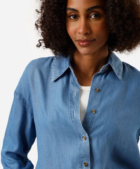 camisa de liocel manga longa barra assimétrica azul