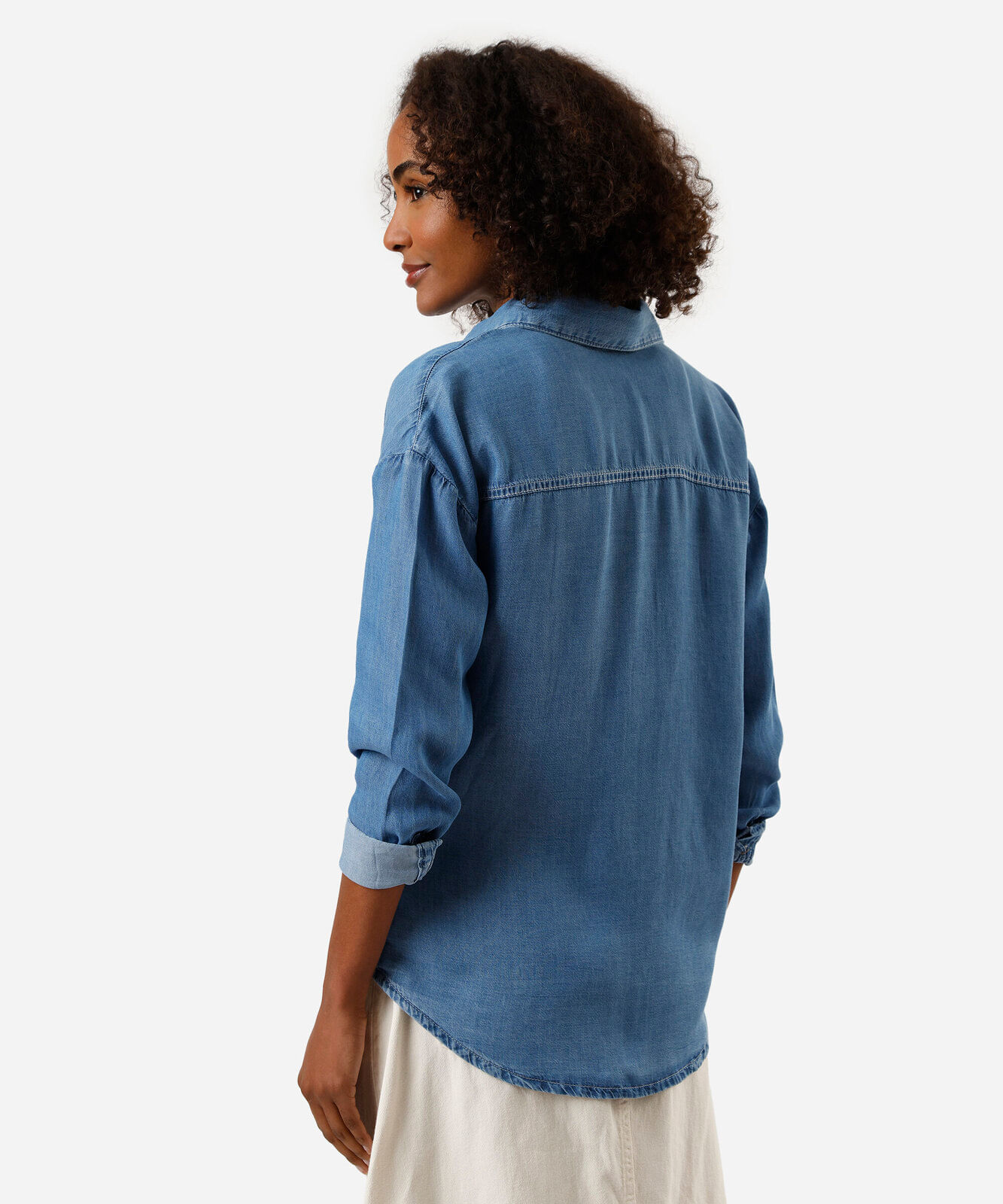camisa de liocel manga longa barra assimétrica azul