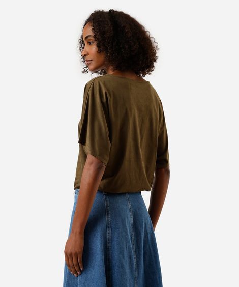 blusa feminina de suede decote v com aviamento verde