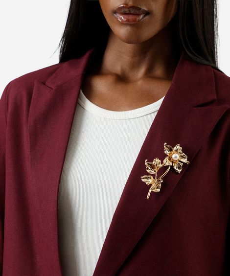 broche floral com pérola dourado