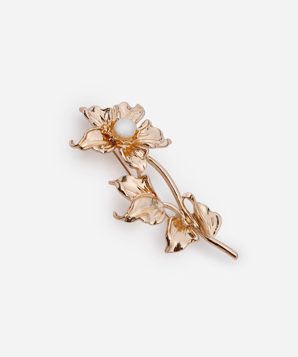 broche floral com pérola dourado