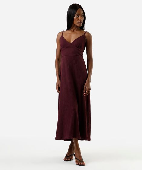 vestido midi alça fina feminino texturizado vinho