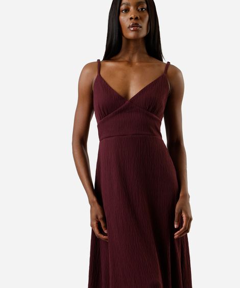 vestido midi alça fina feminino texturizado vinho