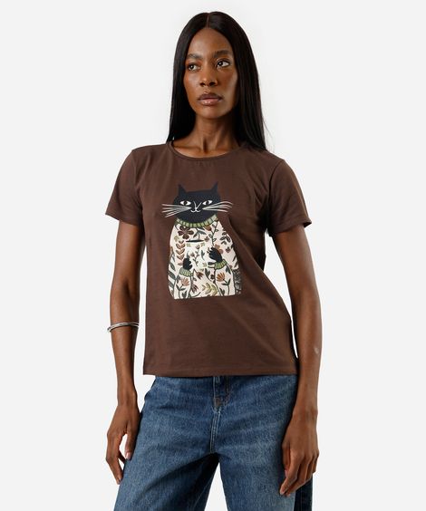 camiseta feminina de algodão manga curta gato marrom