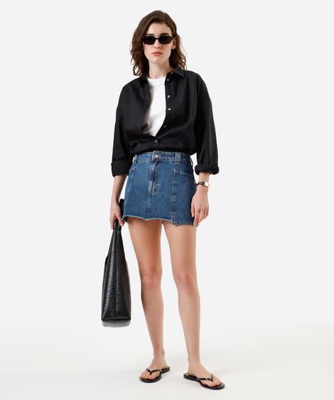 minissaia feminina jeans com barra a fio cintura baixa azul