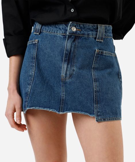 minissaia feminina jeans com barra a fio cintura baixa azul