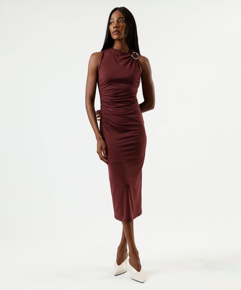 vestido midi feminino franzido com fivela vinho