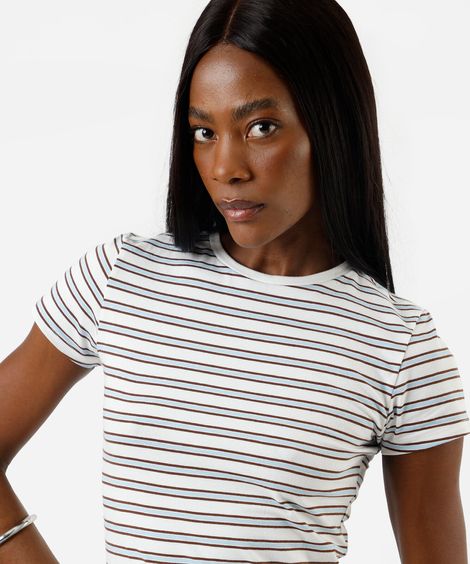 blusa baby look feminina de algodão listrada off white