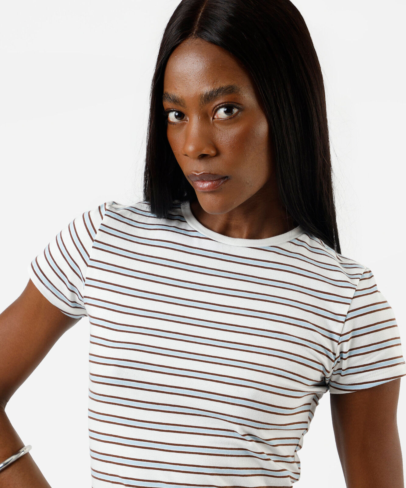 blusa baby look feminina de algodão listrada off white