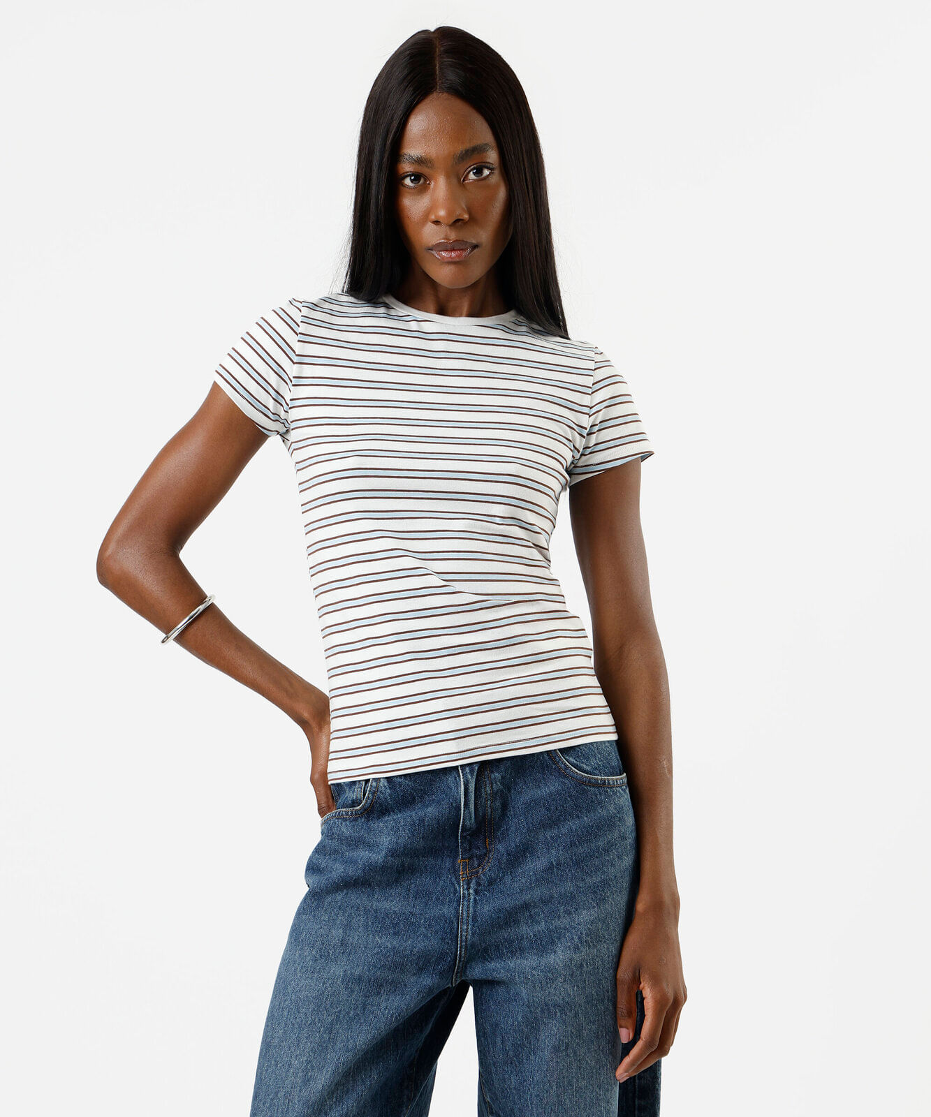 blusa baby look feminina de algodão listrada off white