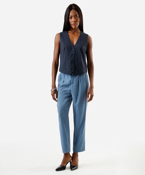 calça reta de alfaiataria feminina com viscose e pregas cós elástico azul