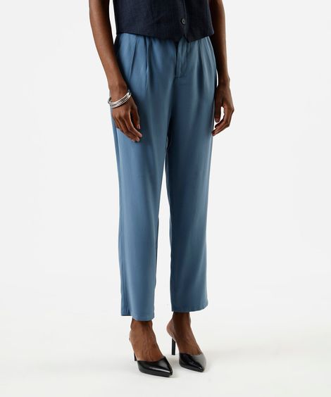 calça reta de alfaiataria feminina com viscose e pregas cós elástico azul