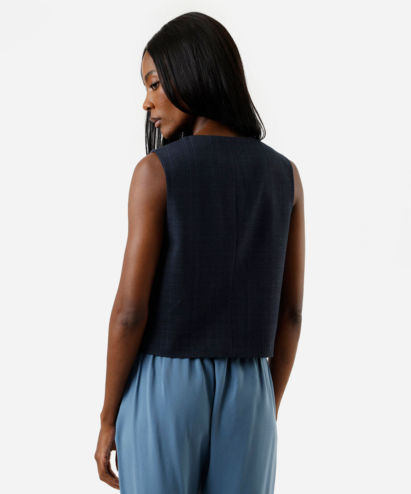 colete de alfaiataria feminino com viscose xadrez azul