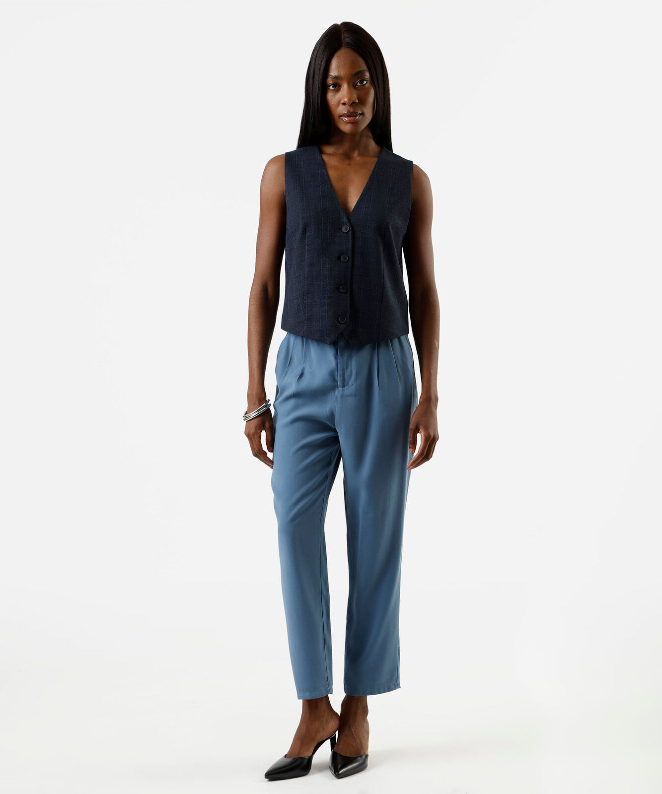 colete de alfaiataria feminino com viscose xadrez azul