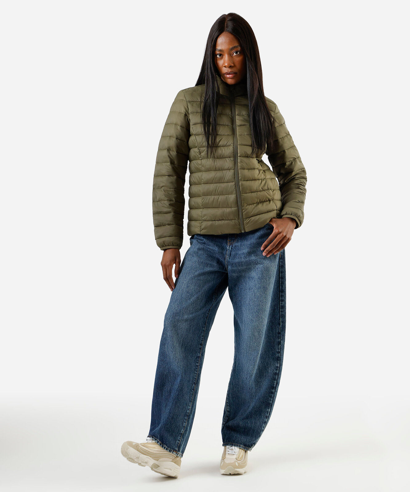 jaqueta puffer feminina gola alta verde