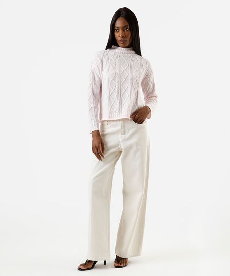calça wide leg feminina de sarja cintura alta bege