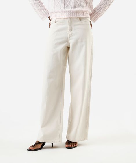 calça wide leg feminina de sarja cintura alta bege