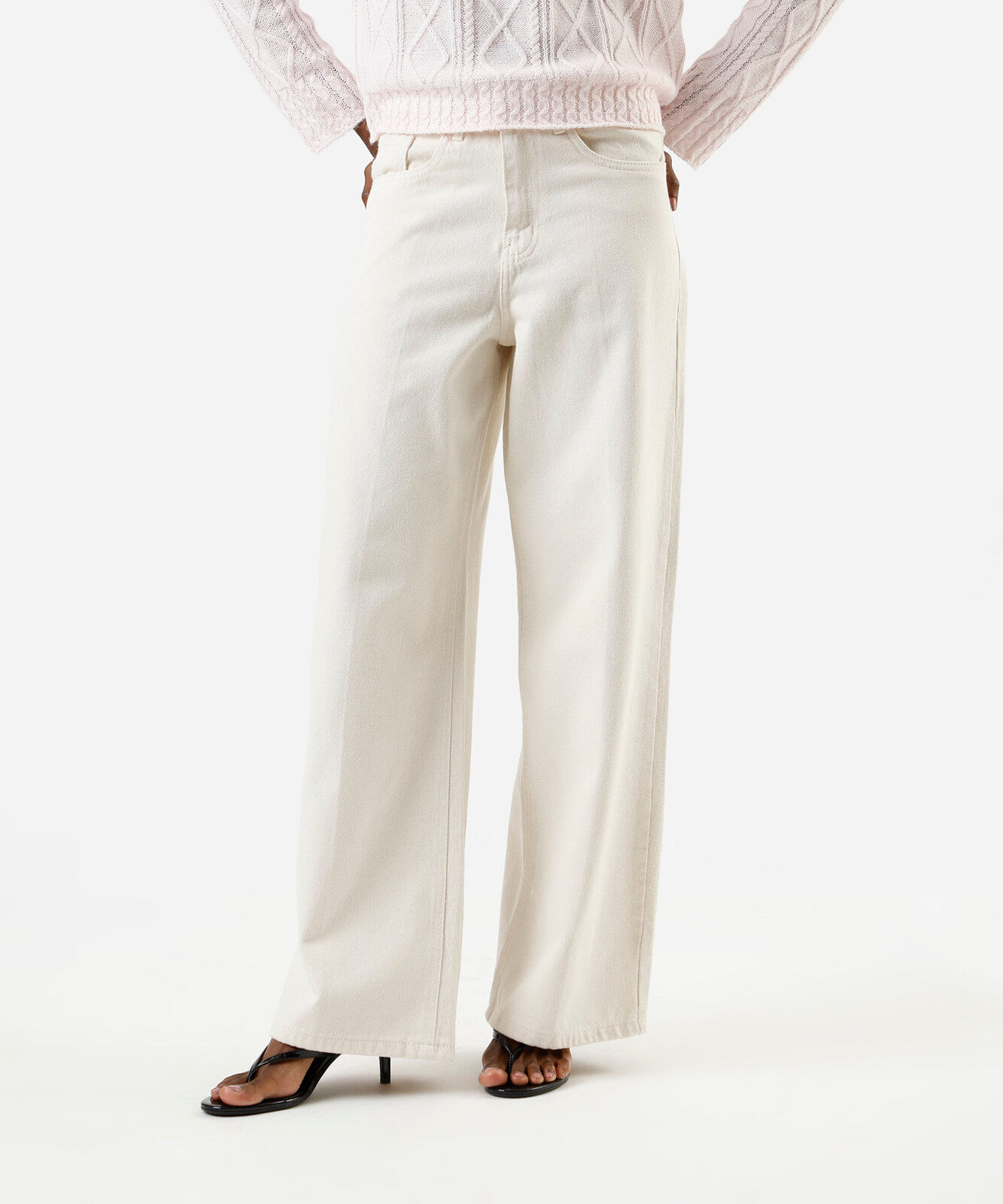 calça wide leg feminina de sarja cintura alta bege
