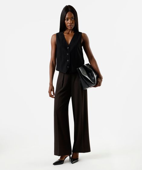 calça wide leg feminina com pregas e cinto marrom