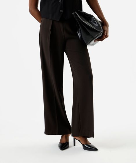 calça wide leg feminina com pregas e cinto marrom