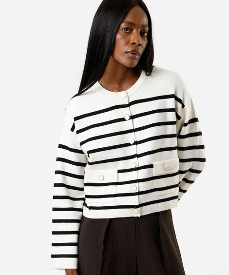 casaco feminino de tricot com bolsos listrado bege