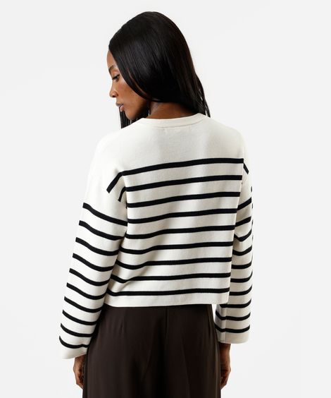 casaco feminino de tricot com bolsos listrado bege