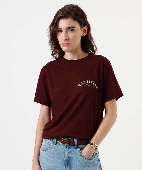 camiseta feminina de algodão manga curta estampada vinho