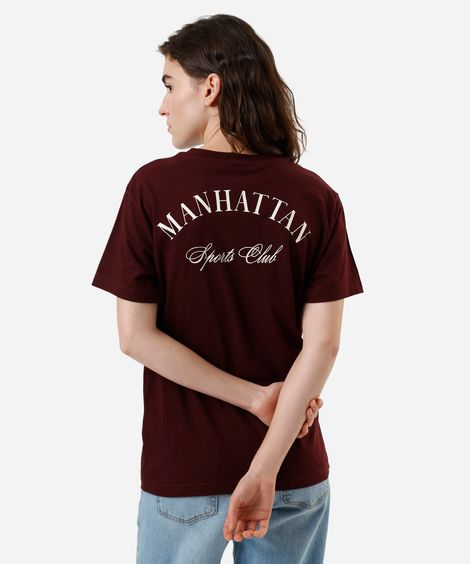 camiseta feminina de algodão manga curta estampada vinho