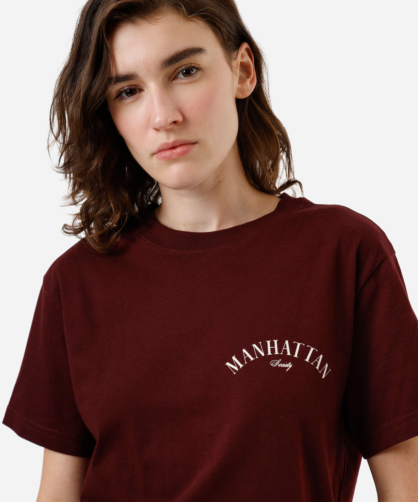 camiseta feminina de algodão manga curta estampada vinho