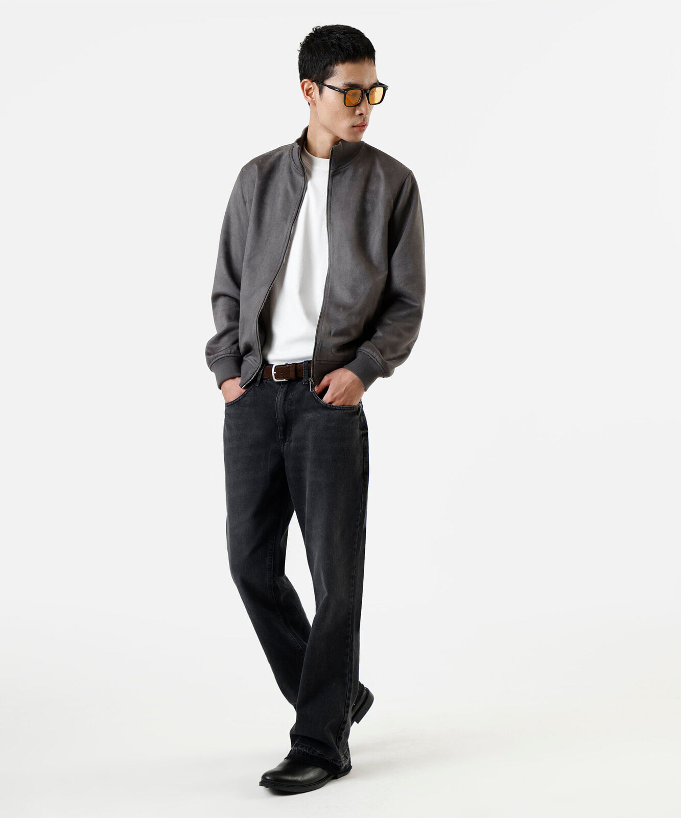 jaqueta bomber em suede cinza