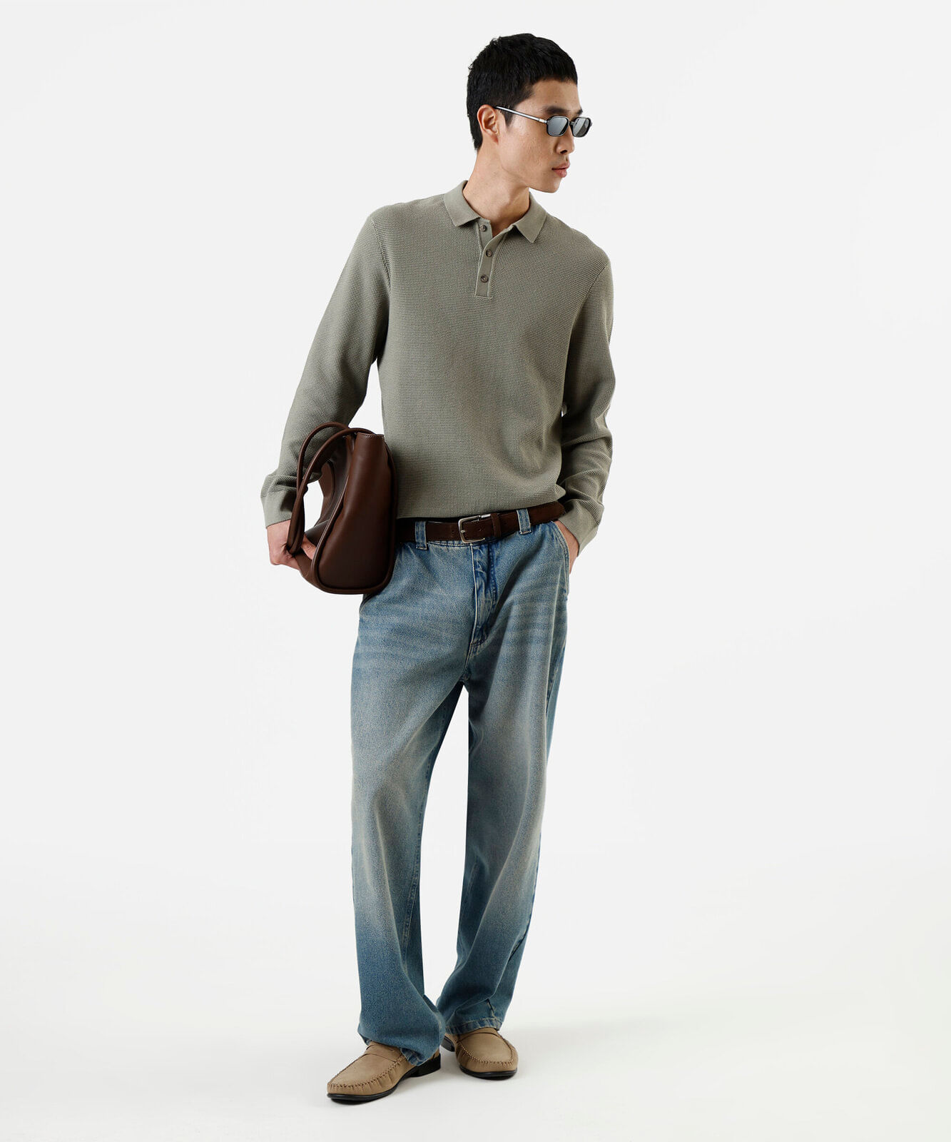 polo masculina de tricot manga longa texturizado verde