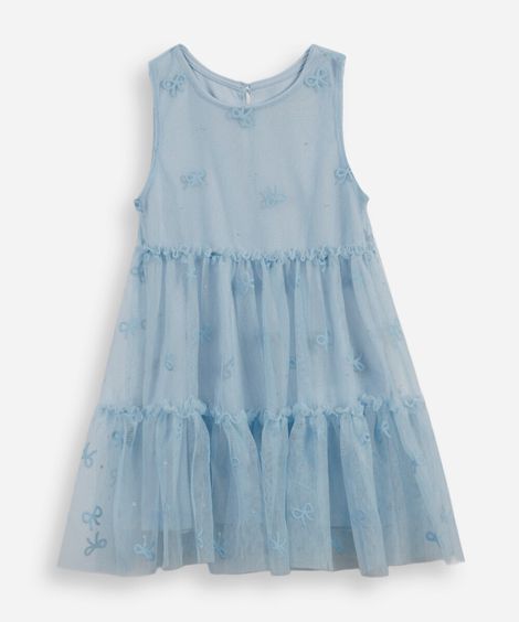 vestido infantil de tule puff laços azul