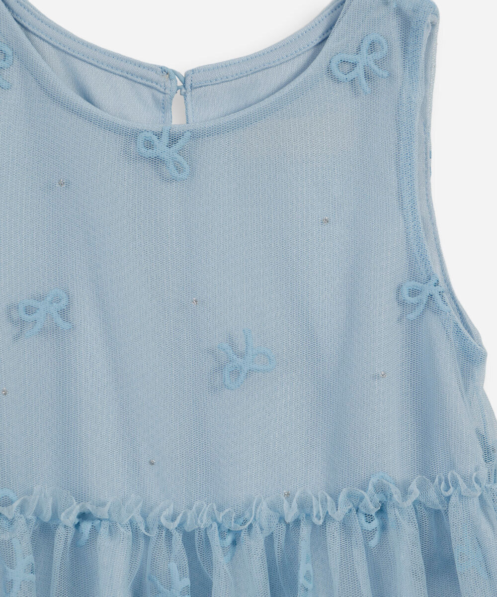 vestido infantil de tule puff laços azul