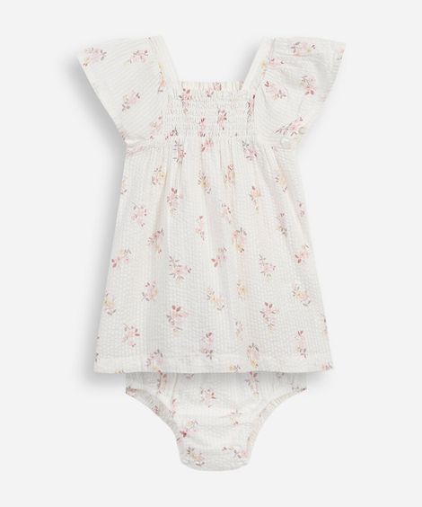 vestido infantil de algodão com calcinha floral off white
