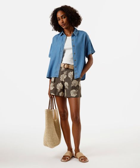 short feminino com linho e cinto folhagens verde