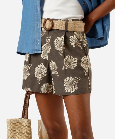 short feminino com linho e cinto folhagens verde