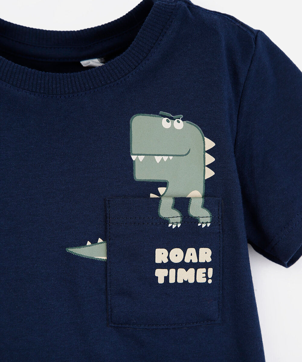 camiseta infantil de algodão manga curta dino azul