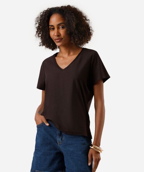 blusa básica feminina de algodão peruano manga curta decote v marrom