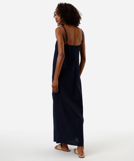 vestido longo alça fina feminino com linho e fenda azul