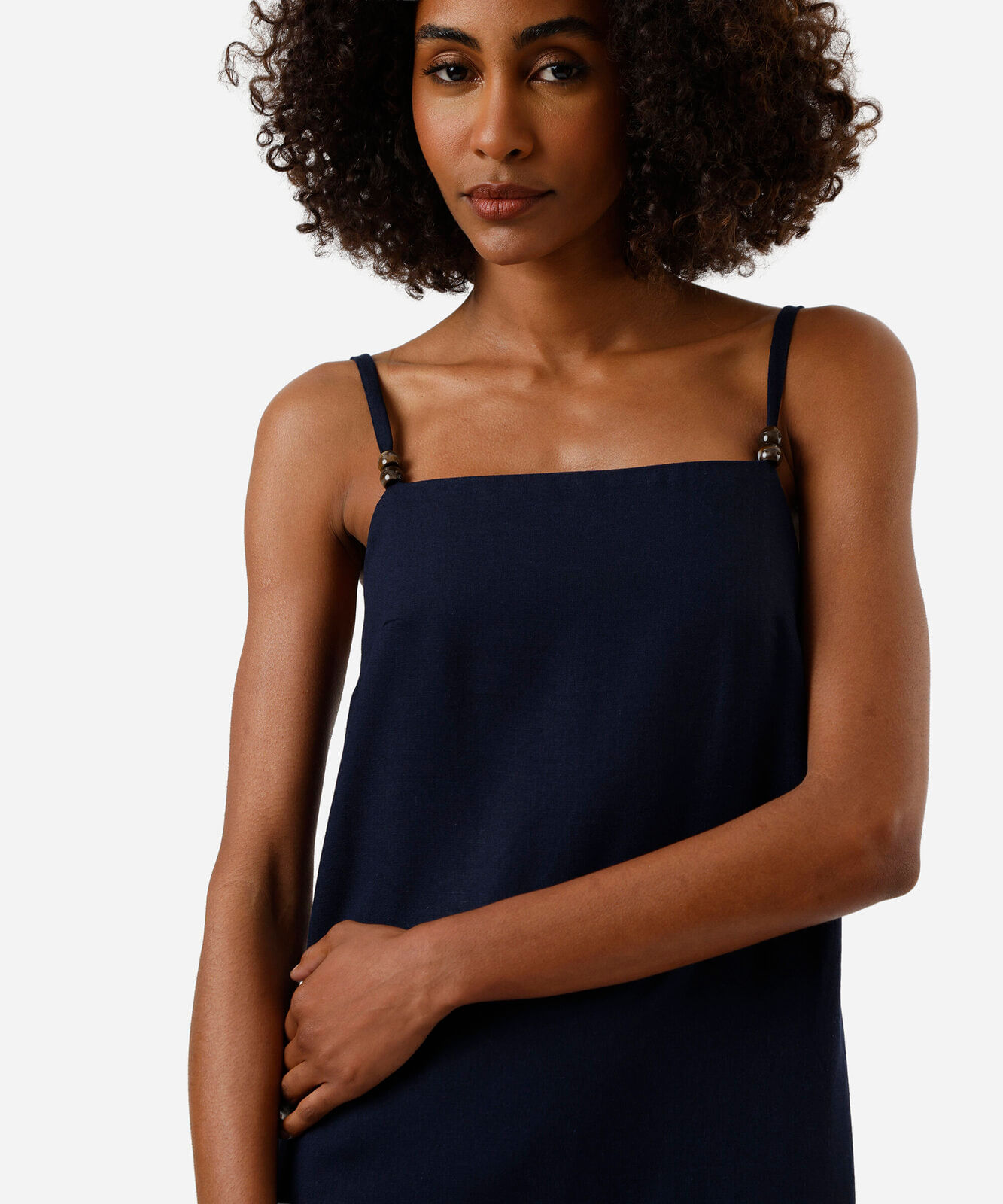vestido longo alça fina feminino com linho e fenda azul